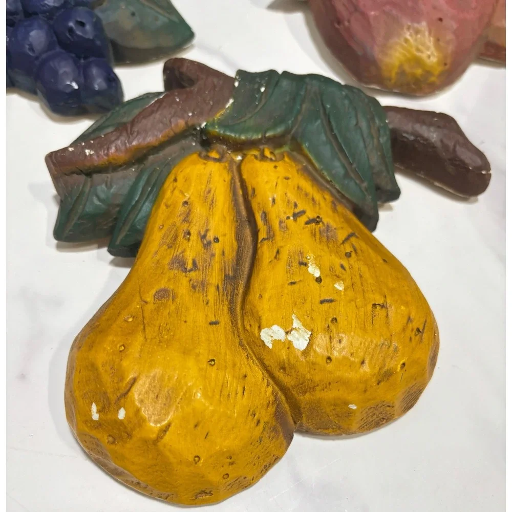 Vintage Chalkware Hand Painted Fruit Wall Plaques Set of 3 Grapes Pears Apples